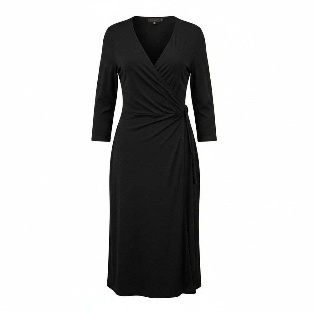 Evan Picone Black Label Wrap Midi Dress Women's 18 Black Long Sleeve
